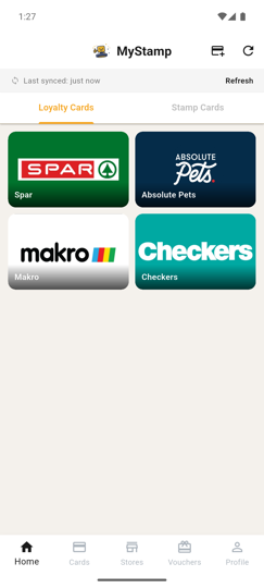 MyStamp customer home screen showing loyalty cards